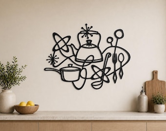 MCM Kitchen Metal Wall Art, Retro Atomic Cooking Decor, Steel Chef Gift