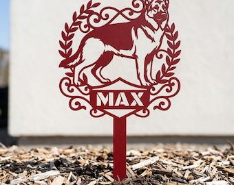 Personlig trädgårdsstång med schäfermotiv, anpassad trädgårdsskylt med hundnamn, blommig metalldekoration