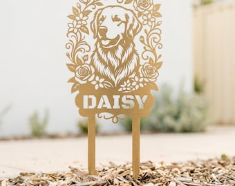 Personlig Golden Retriever blommig trädgårdsstång, anpassad hundnamnsskylt