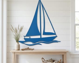 Large Metal Sailboat Wall Art, Nautical Coastal Home Decor, Hamptons Beach Lake House Sign