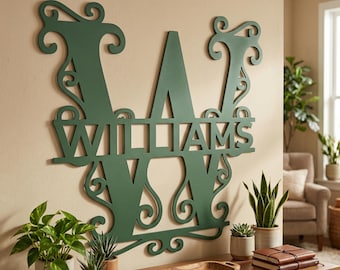 Personlig väggdekoration i metall med monogram | Anpassad skylt med efternamn, lantlig initialkonst