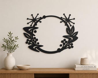 MCM Floral Wreath Metal Wall Art, Mid Century Modern Steel Decor