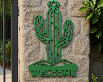 Geometric Cactus Welcome Metal Sign, Southwestern Desert Outdoor Decor