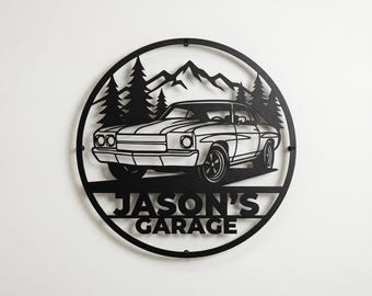 Personlig metallskylt för muskelbilsgarage | Väggkonst med eget namn, dekoration för man cave