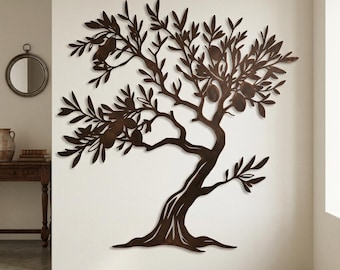 Väggkonst i metall med olivträd, rustik medelhavsdekor, livets träd-hängande