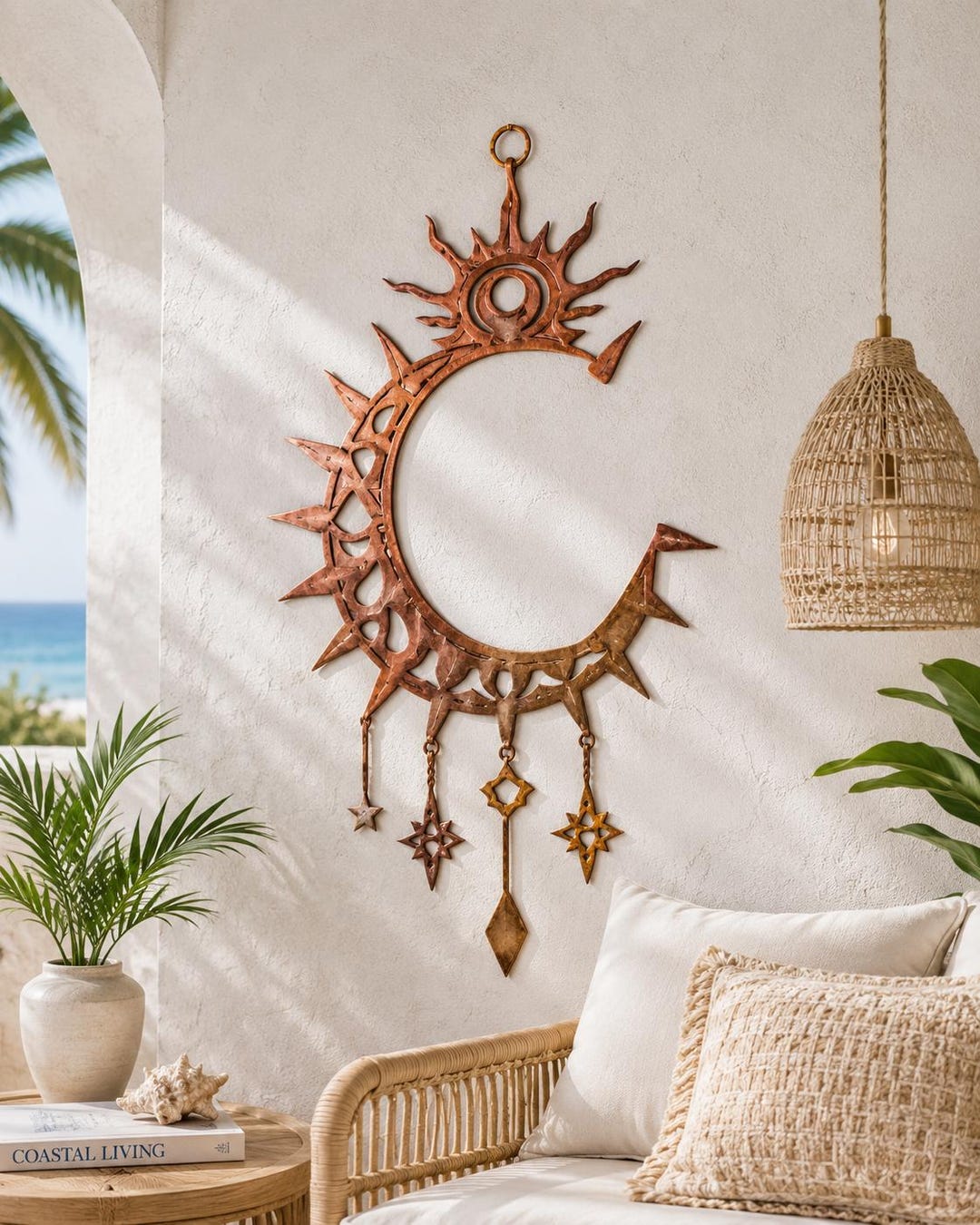 Celestial Crescent Moon Metal Wall Art • Copper Patio Decor • Boho Sun ...