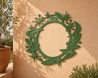 MCM Atomic Wreath Metal Wall Art, Mid Century Starburst Decor, Botanical Steel Circle