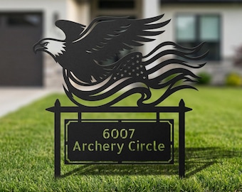 Anpassad örn amerikansk flagga adresspåle | Personlig metallhusnummer trädgårdsdekor