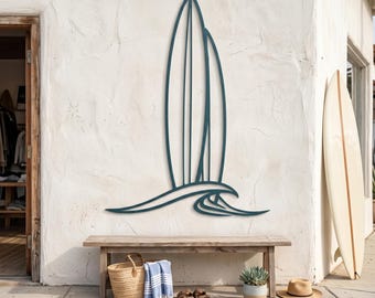 Surfboard Metal Wall Art, Ocean Wave Coastal Decor, Beach House Patio Accent