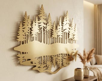 Metallväggkonst | Reflektion av skogssjö, tallar, rustik stugdekor