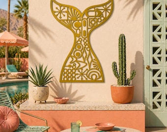 Mid Century Modern Mermaid Tail Metal Wall Art, Atomic Coastal Decor