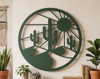 Väggkonst i metall med ökenkaktus, rund väggdekor i metall, minimalistisk sydvästlig väggbonad, boho ökenlandskapskonst