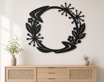 MCM Floral Wreath Metal Wall Art, Mid Century Modern Botanical Decor