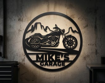 Personlig motorcykelmetallkonst, anpassad garageskylt, motorcykeldekor, bergssilhuett