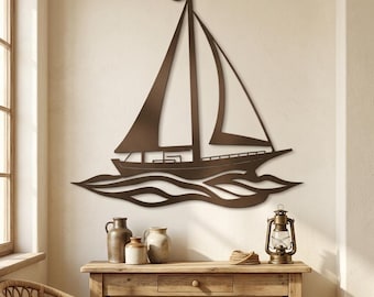 Stor segelbåtsväggkonst i metall, nautisk kustinredning, strandhusskylt
