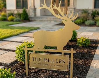 Anpassad adresspåle i Deer Mountain | Personlig dekoration för vilda djur i trädgården, rustik husnummerskylt