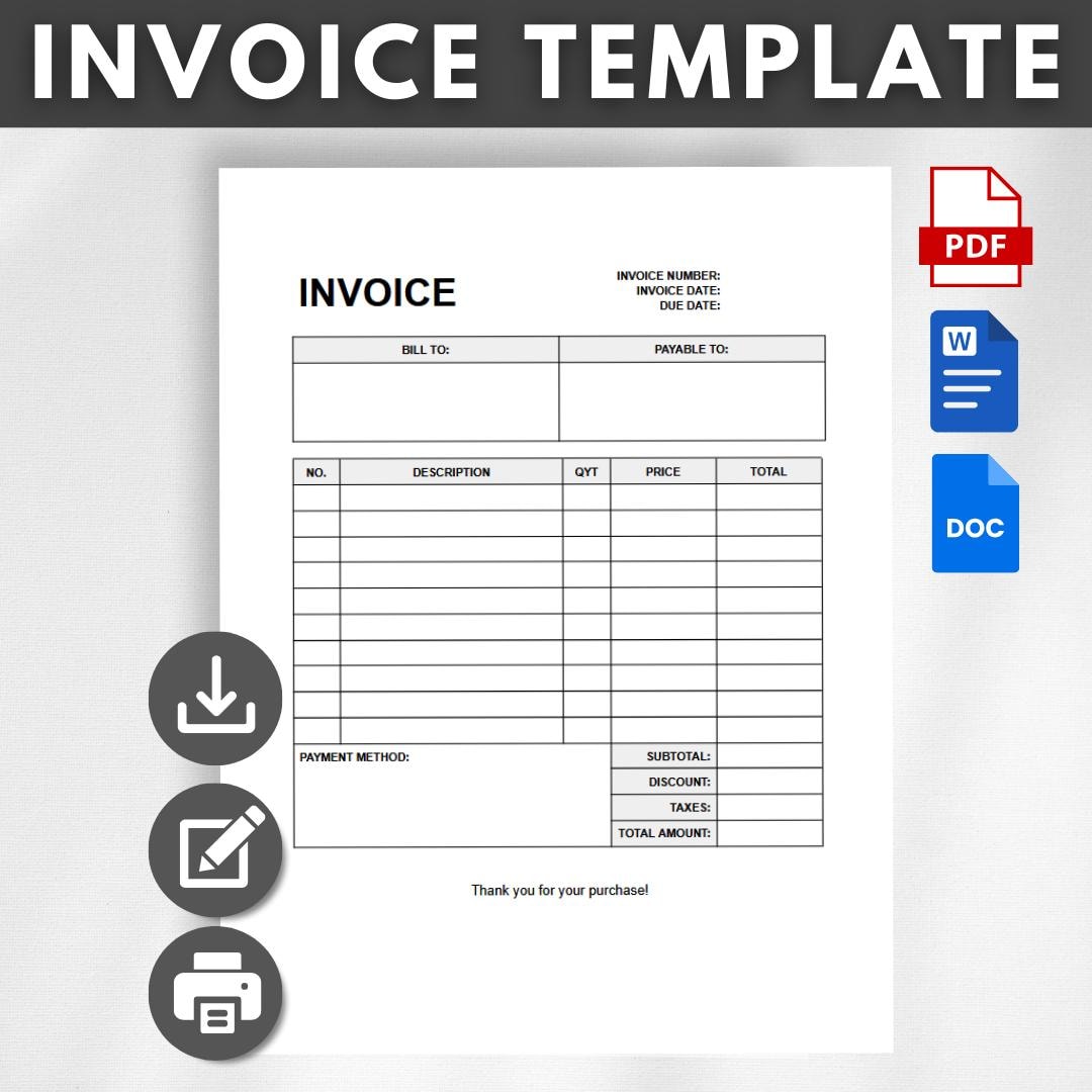 Invoice Template Editable MS Word Google Docs Printable PDF File Simple ...