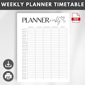 May include: A black and white weekly planner timetable with the text "WEEKLY PLANNER TIMETABLE" at the top. The planner includes time slots from 6:00 to 9:00 and days of the week. A PDF icon is in the upper right corner.