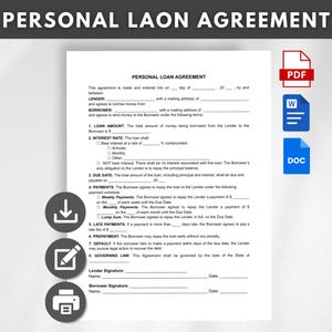 May include: A white Personal Loan Agreement form with the title at the top. The document includes sections for loan amount, interest rate, due date, and payment terms. Icons for PDF, Word, and DOC files are on the right.