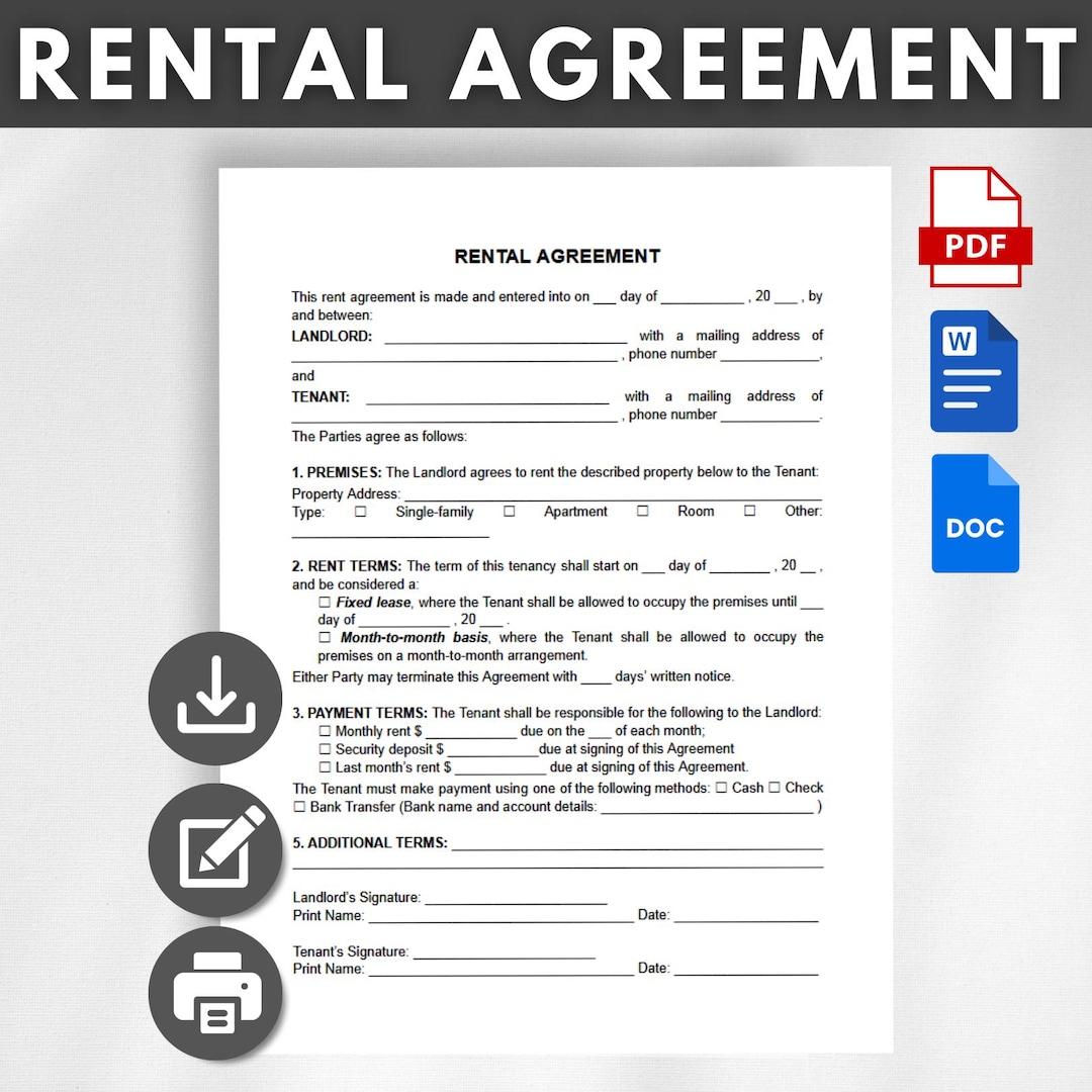 One Page Basic Rental Agreement Editable Landlord Forms Template MS ...