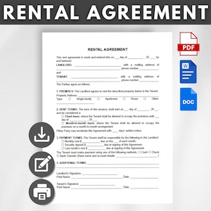 May include: A white rental agreement document with black text, titled "RENTAL AGREEMENT." Includes sections for landlord and tenant details, property address, rent terms, and payment information. PDF, Word, and Doc icons are on the right.
