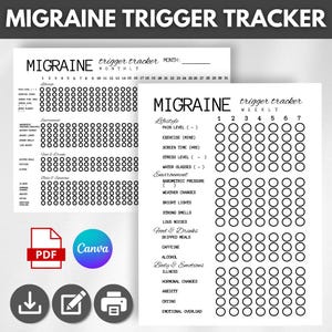 Puede incluir: Dos hojas imprimibles de seguimiento de desencadenantes de migraña. Una es un rastreador mensual y la otra es un rastreador semanal. Las hojas tienen secciones para estilo de vida, entorno, alimentos y bebidas, y cuerpo y emociones. El texto "Migraine Trigger Tracker" está en la parte superior.