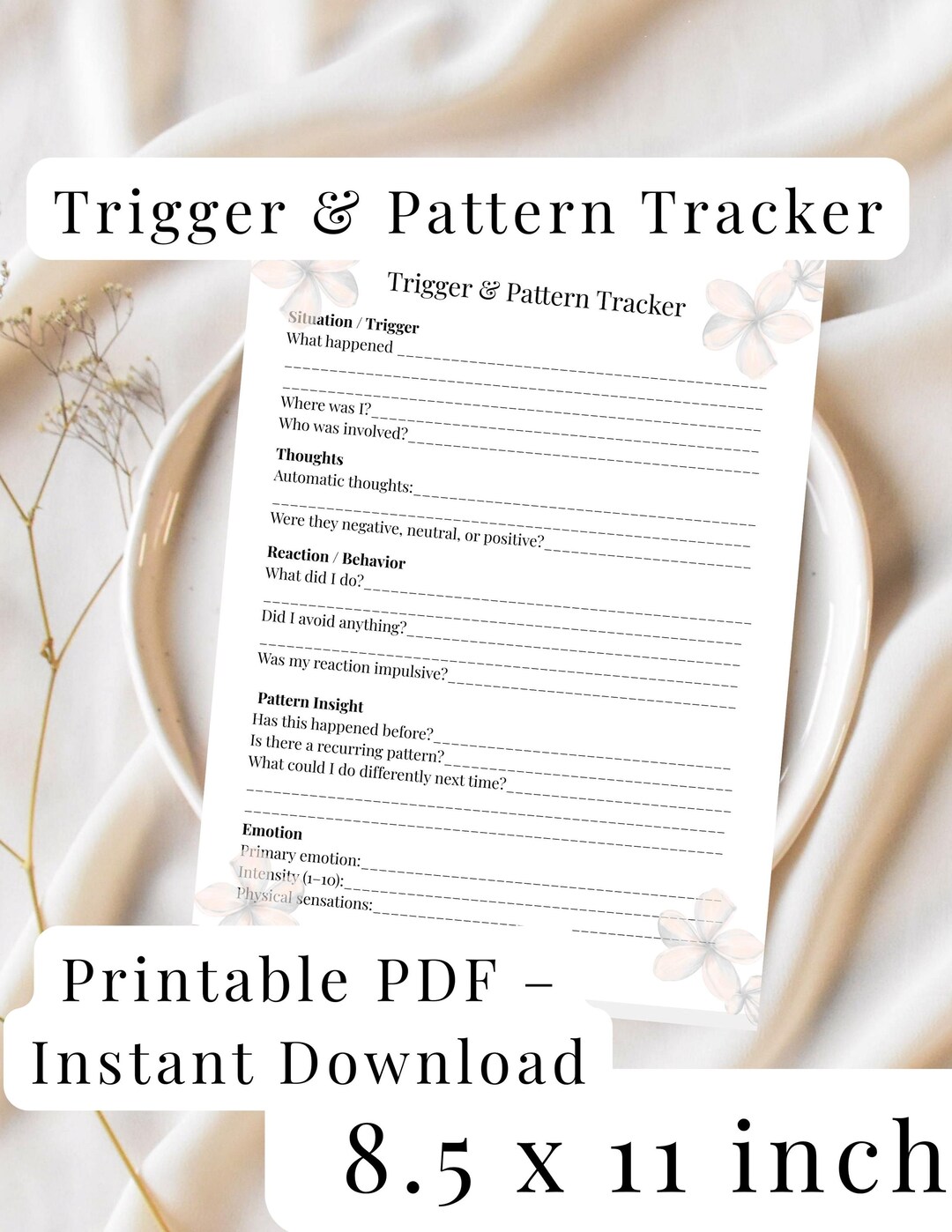 Trigger & Pattern Tracker Printable Mental Health Worksheet Anxiety Log ...
