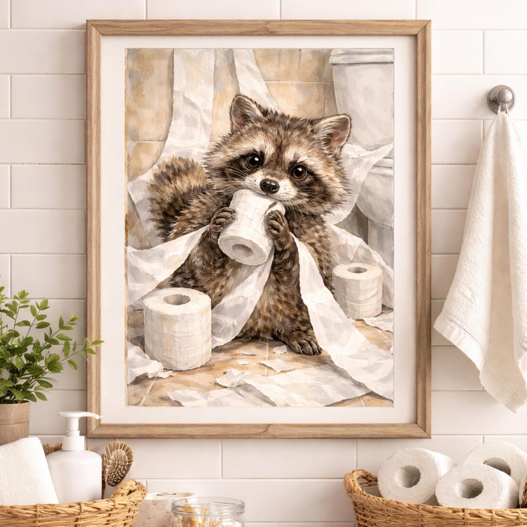 Funny Raccoon Toilet Paper Print – Rustic Oil Painting Bathroom Art ...
