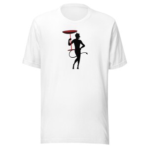 May include: White t-shirt featuring a black silhouette of a devil holding a red tray. The devil has horns and a tail. The design is centered on the front of the shirt. The shirt is made of a soft, comfortable material.