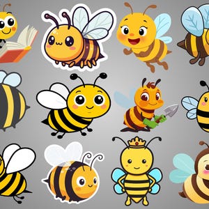 May include: A collection of cartoon bee stickers in various poses. The bees are yellow and black with white wings, and some have accessories like a book, a crown, or a gardening tool. The stickers are on a gray background.