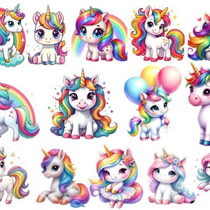 Op de afbeelding: Een verzameling kleurrijke eenhoorn illustraties. Elke eenhoorn heeft een wit lichaam, een regenboog manen en staart, en een gouden hoorn. Sommige eenhoorns worden afgebeeld met regenbogen, ballonnen en harten.