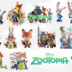Puede incluir: Una colección de ilustraciones coloridas de personajes de Zootopia, incluyendo a Nick Wilde, Judy Hopps y otros personajes. El logotipo de Disney Zootopia también aparece en verde y blanco. Las imágenes son de estilo caricatura.