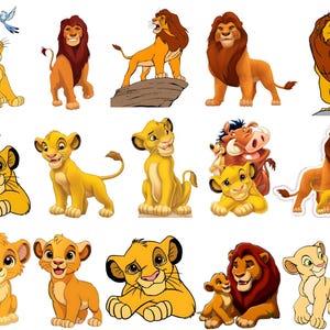 May include: A collection of cartoon illustrations featuring various depictions of lions. The images showcase lions in different poses and styles, with varying expressions and details. The color palette is dominated by shades of yellow, orange, and brown.