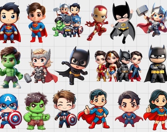 Chibi Superhero Clipart Bundle PNG, personaggi di supereroi, download digitale, sfondo trasparente 300 DPI