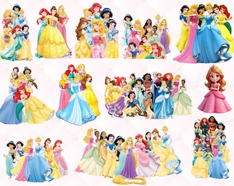 Pacchetto clipart PNG principesse, clipart sublimazione cartoni animati PNG principesse, tutte le principesse a tema compleanno