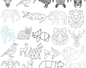 Pacchetto di animali geometrici Svg, Dxf, Eps, Ai, Pdf, Jpg, Png Scala di grigi Immagine bruciata Taglio vettoriale Cnc Taglio legno Cricut Silhouette di animali