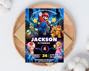 Invito di compleanno a tema Super Mario Galaxy, fantastico invito per una festa a tema Mario, modello Canva, per dispositivi mobili e stampabile, download digitale, tema spazio e galassia per bambini