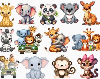 13 Clipart di animali da safari, leone, giraffa, arte per bambini, clipart di animali della giungla, animali, animali della giungla, download digitale