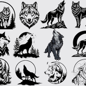Puede incluir: Una colección de ilustraciones de lobos en blanco y negro. Las imágenes muestran lobos en varias poses, incluyendo aullando, de pie y de perfil. Algunos diseños incorporan árboles, montañas y marcos circulares.