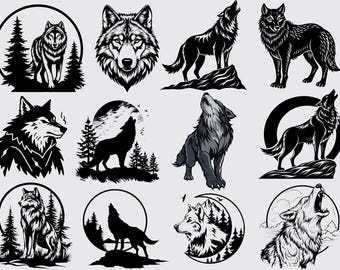 Pacchetto SVG Lupo: Lupo ululante, Luna, Silhouette della foresta (Download digitale)