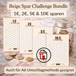 Pacchetto Sfida di Risparmio PDF Beige | Piano di Risparmio da 1 Euro, 2 Euro, 5 Euro, 10 Euro | Tracker A6 per Accumulare Contanti | Risparmia denaro | Pianificatore di budget stampabile