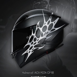 May include: Black motorcycle helmet with a carbon fiber weave pattern and a white abstract design. The helmet has a visor and is labeled "AGV PISTA GP RR" with the "DISTINCT" logo.