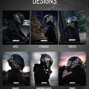 May include: A collection of six motorcycle helmets with unique designs. Each helmet is black with a contrasting white pattern. The helmets are labeled "APEX", "STINGRAY", "VORTEX", "SHARD", "WINDBREAKER", and "SPIRO". The word "DESIGNS" is at the top.