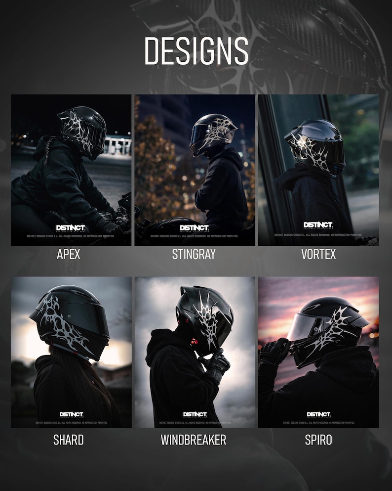May include: A collection of six motorcycle helmets with unique designs. Each helmet is black with a contrasting white pattern. The helmets are labeled "APEX", "STINGRAY", "VORTEX", "SHARD", "WINDBREAKER", and "SPIRO". The word "DESIGNS" is at the top.