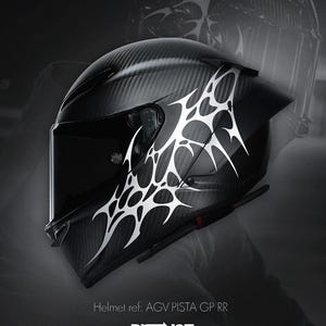 May include: Black motorcycle helmet with a carbon fiber weave pattern and white tribal design. The helmet has a dark visor and the text "Helmet ref: AGV PISTA GP RR" and "DISTINCT." is visible.