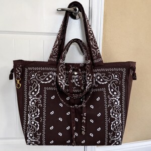 Large brown and beige Bandana Tote Bag, Two-Sided with ties and snap closure
