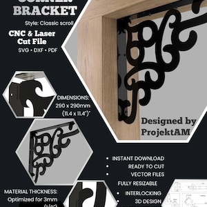 May include: Black decorative corner bracket with a classic scroll design. The CNC laser-cut file is optimized for 3mm (1/8") material and measures 290 x 290mm (11.4 x 11.4"). Includes SVG, DXF, and PDF files for instant download.