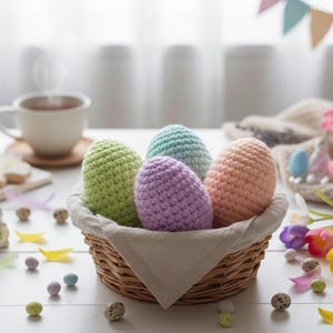 May include: A wicker basket holds four crocheted Easter eggs in pastel colors: green, blue, purple, and peach. The basket sits on a white surface, surrounded by decorative elements like a ceramic bunny, candies, and a cup of tea.