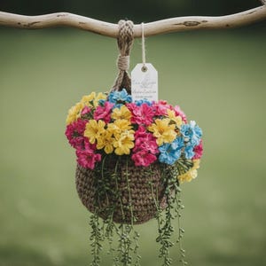Puede incluir: Una cesta colgante de ganchillo llena de vibrantes flores rosas, amarillas y azules. La cesta está suspendida de una rama de madera por una cuerda. Enredaderas verdes caen en cascada desde la parte inferior de la cesta, añadiendo un toque natural. Una pequeña etiqueta cuelga de la cuerda.