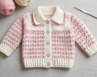 Patrón de crochet para cárdigan con cuello elegante para bebé (PDF) / Suéter para bebé de 0 a 3 meses (hilo DK) / Patrón moderno de crochet doble para principiantes